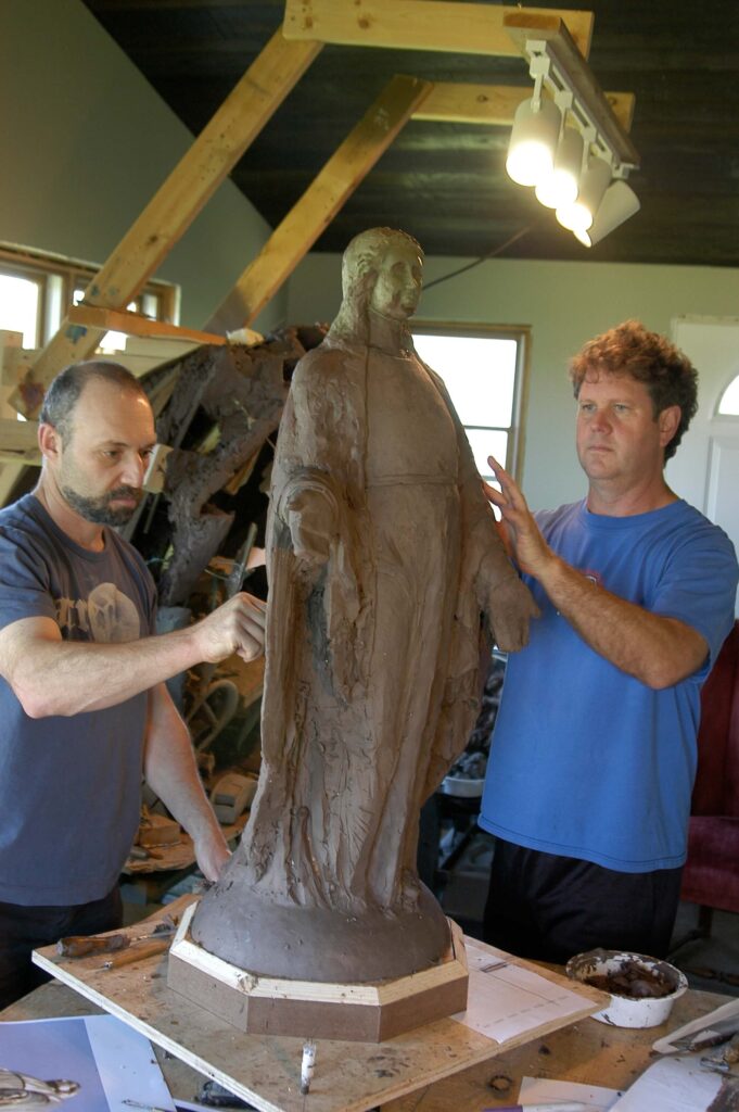 Sculpting in progress of the Our Lady of the Golden Dome sculpture by Kamish Studios, commissioned for the Morris Inn development at Notre Dame.