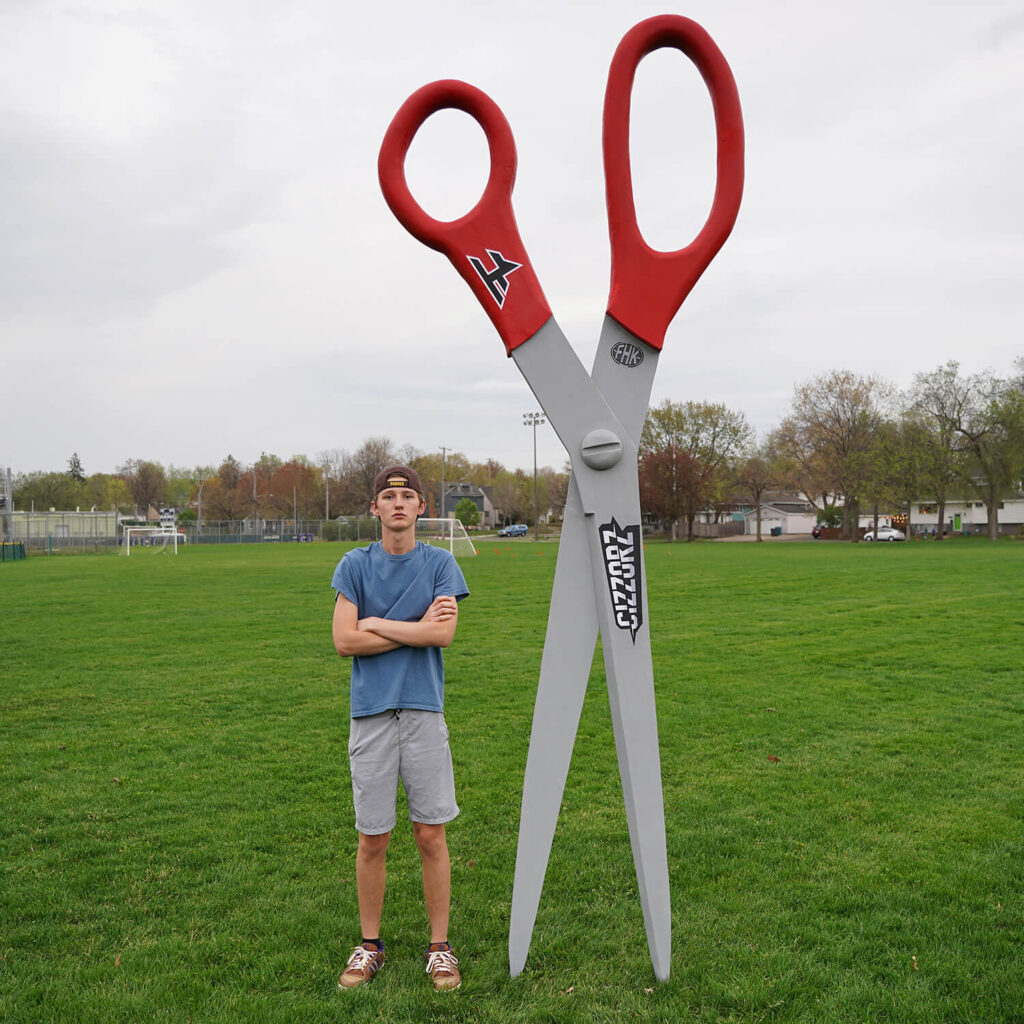 Oversized scissors created for YouTube creator FHK, who set two World Records for the largest scissors and the largest french fry.