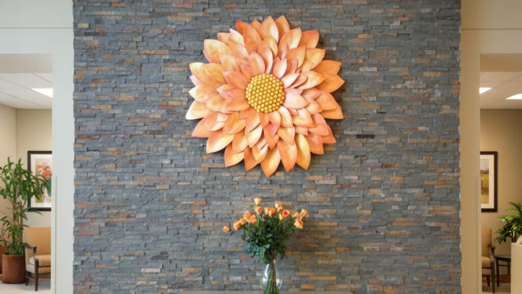 Kamish Studios large-scale sculpted dahlia installed in the lobby of Waters Senior Living, Excelsior MN